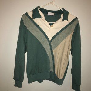 Vintage Alfred Dunner Petite Collared Pullover Size L Unique Green Ivory Cream